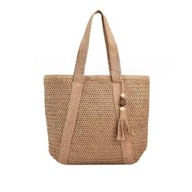 Imagem de Bolsa de Ombro Feminina Tote Tecida Grande | Casual Praia Verão com Tassel(Cáqui)