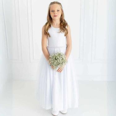 Imagem de Vestido Infantil Longo Branco com Tule e Cinto Branco Daminha Casament