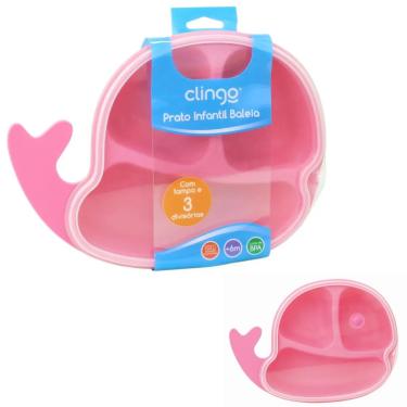 Imagem de PRATO INFANTIL 3 DIVISÓRIAS E TAMPA BALEIA ROSA 6M+ - CLINGO