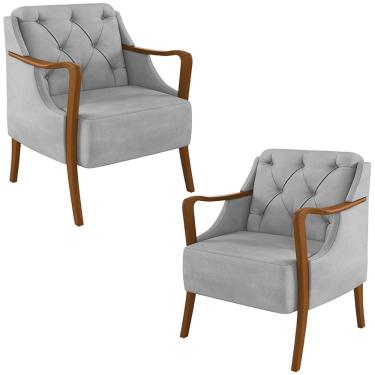 Imagem de Kit 2 Poltronas Decorativas Braços em Madeira Hand Veludo Cinza - Gran Belo