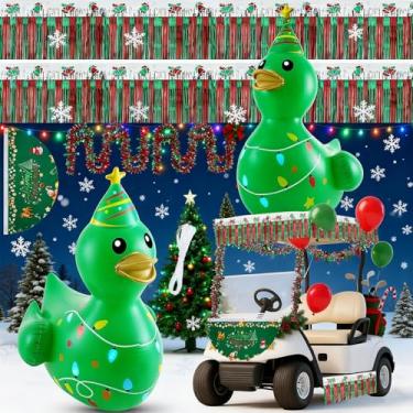 Imagem de Hungdao 9 peças de decorações de desfile de carrinho de golfe de Natal incluem 1 peça de pato gigante inflável de árvore de Natal com bandeira flutuante guirlanda de tinsel para decoração de Natal