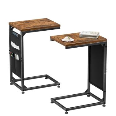 Imagem de Simple Trending Mesa de canto em forma de C, bandejas laterais para TV, conjunto de 2 com bolsa de armazenamento de tecido, mesa de sofá para sala de estar, marrom rústico