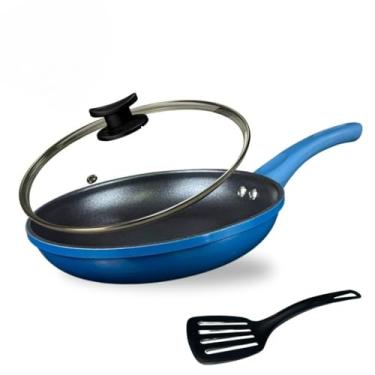 Imagem de Frigideira Indução Antiaderente Cerâmica Não Gruda com Tampa Vidro e Espátula Nylon Azul e Preto