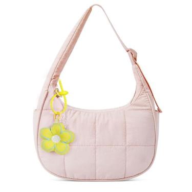 Imagem de Bolsa de ombro pequena acolchoada com tamanho crescente, bolsa de mão feminina acolchoada de nylon - bolsa de mão acolchoada com alça ajustável, rosa