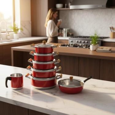 Imagem de Conjunto de Panelas, Caçarola de Alumínio 16-24cm com Tampa de Vidro, Frigideira 22cm e Canecão Pop 12cm (Vermelho)