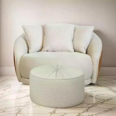 Imagem de Kit Poltrona Ayla Giratória com Puff, Organico, Redondo, Almofadas, Linho Bege e Sintético Caramelo