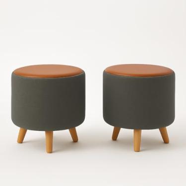 Imagem de kIT 2 Puff Banquetas Redondo Banco Pufe Assento Macio em Courino Tecido Boucle Decorativo para Sala Escritório Apartamento Quarto Infantil Manu com Pés em Madeira (Cinza/Marrom)