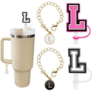 Imagem de Pacote com 4 capas de canudo de letras de silicone para copos Stanley, tampas de palha do alfabeto reutilizáveis, acessórios personalizados para garrafa de água (letra L)
