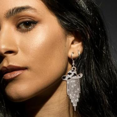 Imagem de Western Cowgirl Chapéu Esmaltado Brilhante Strass Borla Brincos Pendentes Baile Country Concertos Rodeio Cowboy Roupas Joias Presente para Mulheres, Borlas de Prata, Chapéu de Cowprint