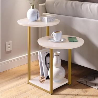Imagem de Mesa Apoio Lateral Sala DECORAÇÃO com 2 Tampos Pés de Ferro Industrial,mesa de apoio,mesinha(LUIZA - OFF WHITE/DOURADO)
