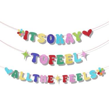 Imagem de Faixa de decoração interna de festa de aniversário, glitter pré-cordão It's Okay to Feel All The Feels Banner colorido decoração de festa para parede de lareira