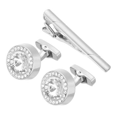 Imagem de PATIKIL Conjunto de abotoaduras de cristal e prendedor de gravata, abotoaduras masculinas de strass redondo e clipes de gravata com caixa para homens, Tom prateado (branco), tamanho �nico