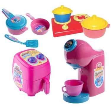 Imagem de Kit Cozinha Infantil Cafeteira Air Fryer Fogão Panelas Brinquedo Faz d