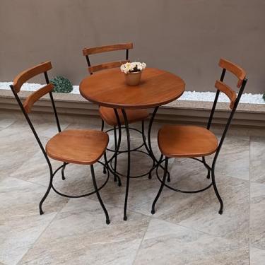 Imagem de Conjunto Mesa e Cadeiras Bistro, Mesa Redonda com 3 Cadeiras, Madeira e Metal, Estilo Industrial, para Cozinha, Sala de Jantar etc