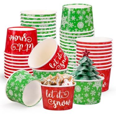 Imagem de Whaline Copos de papel descartáveis de Natal e inverno vermelho verde floco de neve 255 g tigelas de papel de sorvete de sobremesa para cupcakes congelados suprimentos de lembrancinha de festa