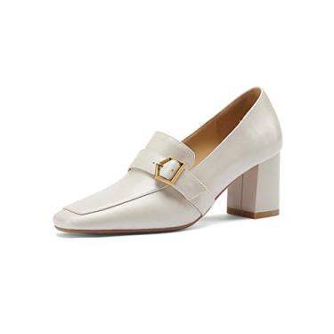 Imagem de TinaCus Sapato feminino de couro genuíno feito à mão bico quadrado salto bloco médio slip on gracioso Oxford mocassim com fivela legal, Off-white, 5.5