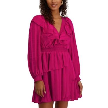 Imagem de Kensie Vestido feminino de chiffon listrado de cetim e manga longa gola V, Fúcsia, 42