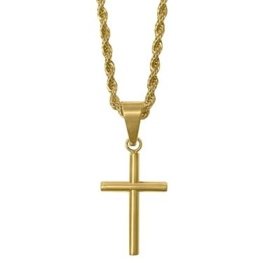 Imagem de Pure Ziva Colar com pingente de cruz cristã, corrente de caixa de 55 cm, pingente religioso de 0,86 polegadas, aço inoxidável hipoalergênico banhado a ouro amarelo