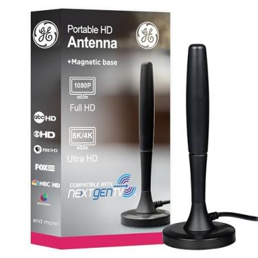 Imagem de GE Antena de TV HD portátil, antena digital interna para 1080p 4K 8K, canais UHF VHF, alcance de 20 milhas, base magnética, design compacto de viagem para trailer, acampamento, bagagem, preto, 81843