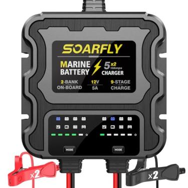 Imagem de SOARFLY Carregador de bateria marítimo de 2 bancos, 10 A (5A/banco) 12 V à prova d'água na BOAD, mantenedor e dessulfator de bateria para SLA/AGM, lítio (LiFePO4), cálcio e bateria de ciclo profundo