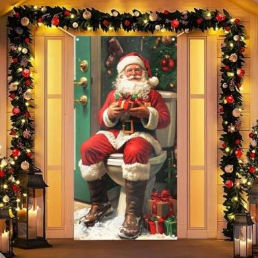 Imagem de BlissYard Capa de porta de Feliz Natal 89,5 x 188,9 cm Banners de porta de varanda para decoração de inverno Papai Noel segurando presentes sentado dentro de casa por árvore para fundo de sinalização