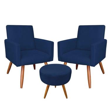 Imagem de Kit 2 Poltronas E Puff Redonda Azul Marinho e Castanho