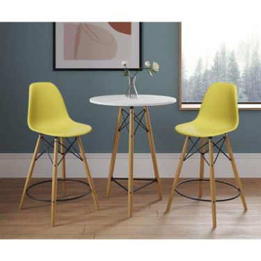 Imagem de Conjunto Bistrô Eames Eiffel Mesa Branca Com 2 Banquetas Amarelas De Madeira