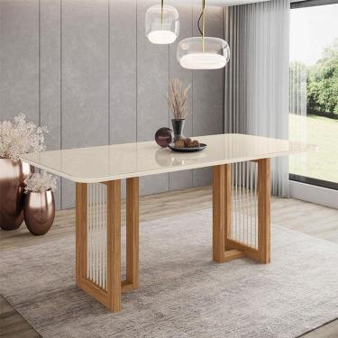 Imagem de Mesa De Jantar Yara Ambiente 180 Cm Canto Arredondado Com Vidro Nature Off White - Henn