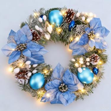 Imagem de Guirlandas de Natal para porta da frente, guirlandas artificiais de inverno de 50 cm para decoração interna e externa, guirlanda de porta iluminada com bola de flores de frutas silvestres, pinhas para