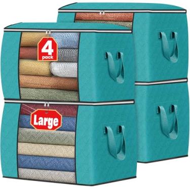 Imagem de Fab totes Armazenamento de roupas 90L, sacos de armazenamento dobráveis de tecido grosso, recipientes para organizar quarto, armário, roupas, edredom, organização com alça (pacote com 4, verde)