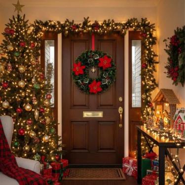 Imagem de Guirlanda Decoração Natalina Flores Azevinho Decore Porta Lareira Nata