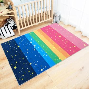 Imagem de Lacomfy Whimsy Tapete infantil 3x5 estrelas coloridas para quarto de meninas arco-íris listrado tapete de área antiderrapante macio infantil tapete de brincar para sala de aula, sala de estar