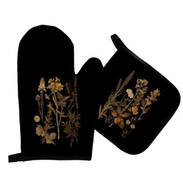 Imagem de Qeheb Conjuntos de luvas de forno florais vintage e suportes de panela, luvas de forno botânicas Dark Academia, luvas de flores para decoração de cozinha, presentes florais sobre luvas