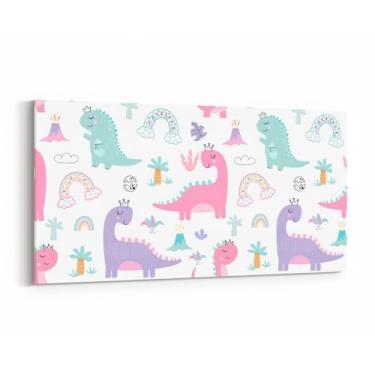 Imagem de Kawaii Dino Arte de parede para sala de estar, decoração de parede branca de dinossauro fofo vida selvagem desenho animado árvores arco-íris esboço arte pôsteres moda pintura de parede, 96 cm C x 48