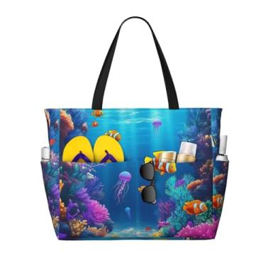 Imagem de REVENEVER Bolsa feminina de praia, dobrável, impermeável, à prova de areia, com zíper, bolsa de praia, grande, bolsa de viagem, Aquário, One Size
