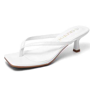 Imagem de SKETOE Sandálias femininas de salto gatinho com bico quadrado, chinelos de dedo quadrado, sandálias de salto confortável de verão de 5 cm, Branco, 36