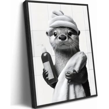 Imagem de Arte de parede em tela de lontra de banheiro emoldurada engraçada pintura de lontra decoração de parede preto e branco banheiro animal pôster arte para casa e escritório banheiro decoração de casa 20