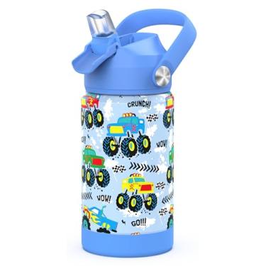 Imagem de Ntswasd Garrafa de água isolada Monster Truck Boys com canudo, copos infantis de 350 ml com aço inoxidável à prova de vazamento para creche escolar