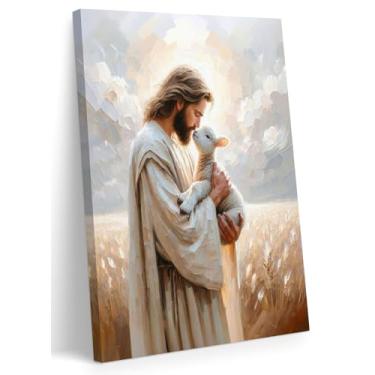 Imagem de FWAHREN Arte de parede em tela de Jesus Cristão e Cordeiro, Bom Pastor, Arte de Pintura Religiosa, Quadro Bíblico Emoldurado, Impressão de Cartaz, Decoração de Parede para Sala de Oração da Igreja