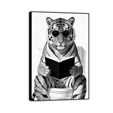 Imagem de SDYJ6GSW Decoração de banheiro arte de parede animal engraçado banheiro arte de parede tigre no banheiro leitura jornal pintura em tela tigre impressão imagens para decoração de parede 45x30 cm
