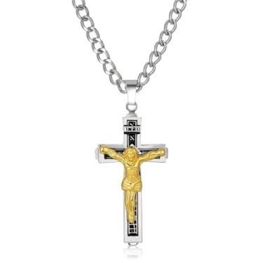 Imagem de Colar masculino com crucifixo de Jesus banhado a ouro 18 K - joia religiosa católica para presente com corrente de aço inoxidável (61 cm), pingente de Jesus gravado em 3D, presentes cristãos para