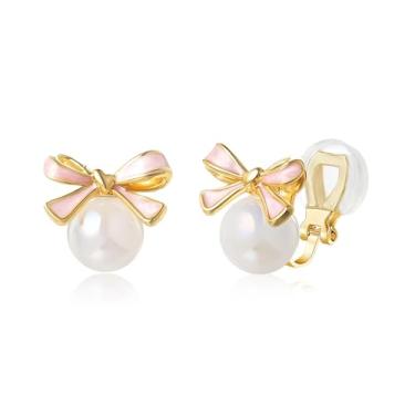 Imagem de YOQUCOL Brincos de laço de pérola simulada dourada para mulheres, elegante, rosa, esmaltado, laço não perfurado