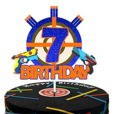 Imagem de Gun Target Happy 7th Birthday Cake Topper Seven Years Old Blue Gun Birthday Party,Gun Shooting Crosshairs Themed Cake Decor Boys or Girls Anniversary Decorations Supplies