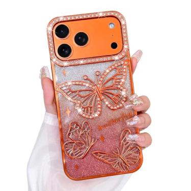 Imagem de Bonoma Capa com glitter para iPhone 17 Pro Max, linda estampa de borboleta 3D, capa traseira macia brilhante com proteção para câmera para mulheres e meninas, laranja