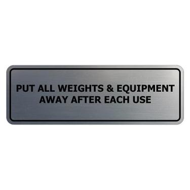 Imagem de Signs ByLITA Padrão Coloque Todos os Pesos e Equipamentos Afastados Após Cada Uso Sinal de Porta ou Parede Material Durável | Fácil Instalação (Prata Escovada) - Grande (pacote com 5)
