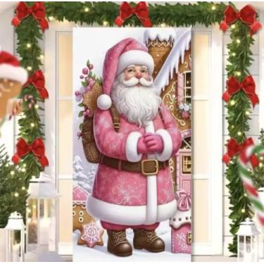 Imagem de Capa para Porta Feliz Natal Rosa com Elástico – Painel Decorativo Feliz Papai Noel Tecido Premiun (2,10 Cms X 0,85 Cms) (15)