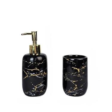 Imagem de Kit Lavabo Cerâmica De Banheiro 2 Peças 300ML Porta Sabonete E Porta Escova Dourado Com Preto