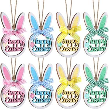 Imagem de Ornamento de árvore de coelho de páscoa enfeites de coelhinho pendurado de madeira com laço xadrez e corda enfeites de páscoa vazados de madeira linda decoração para decoração de jardim doméstico (estilo orelhas de coelho, 16)