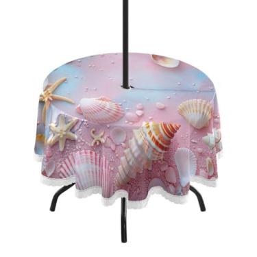 Imagem de Blueangle Toalha de mesa redonda de 152 cm à prova d'água com estrela do mar e coral com orifício para guarda-chuva - Tecido resistente à prova de sol para todos os climas para pátio, acampamento