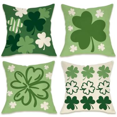 Imagem de Fahrendom Capas de almofada decorativas Dia de São Patrício 45,7 x 45,7 cm Conjunto de 4, Lucky Shamrock Clover Varanda Pátio Fronhas Externas para Sofás de Primavera Irlandesa Decoração de Casa